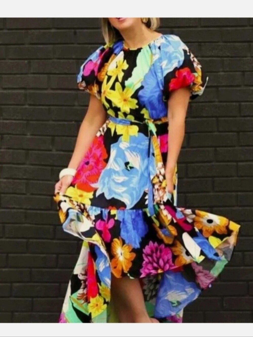 Christopher John Rogers Black Floral High-Low Dress with Multicolor Blooms